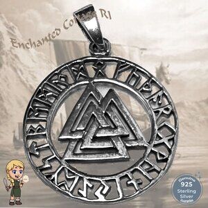 Viking Norse 𝐕𝐀𝐋𝐊𝐍𝐔𝐓 Runes Circle Sterling Silver 925 Amulet Pendant NEW